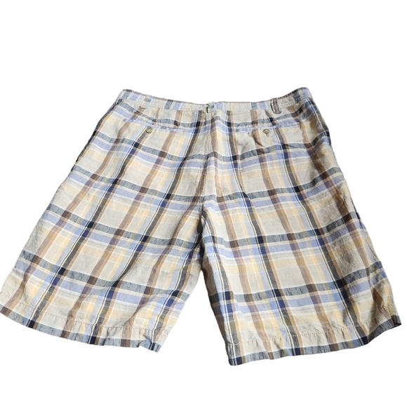 Tommy Bahama men's yellow blue black plaid linen silk blend shorts - Picture 7 of 9